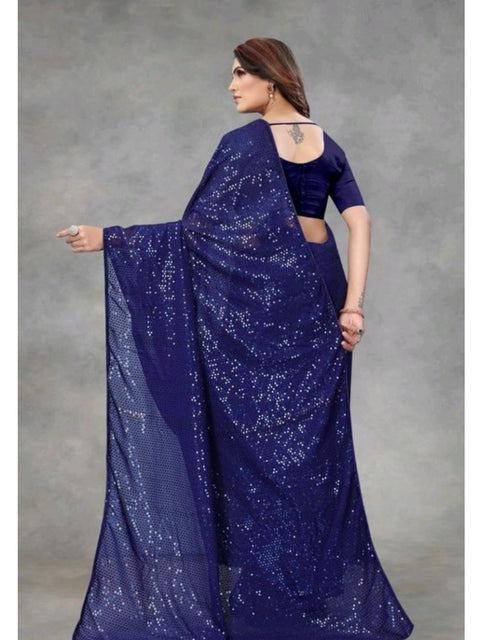 Women's Georgette Embellished Sequnece Bollywood Saree With Unstitched Blouse 5.5Mtr (Blue)