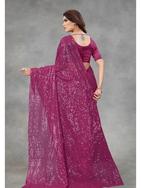 Women's Georgette Embellished Sequnece Bollywood Saree With Unstitched Blouse 5.5Mtr (Purple)