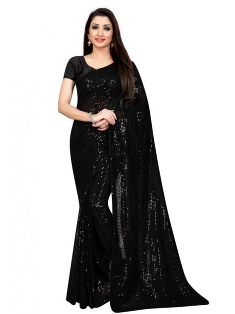 Women's Georgette Embellished Sequnece Bollywood Saree With Unstitched Blouse 5.5Mtr (Black)
