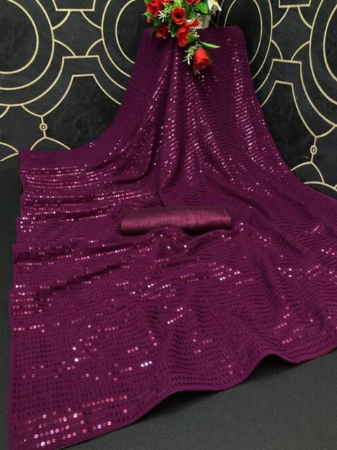 Women's Georgette Embellished Sequnece Bollywood Saree With Unstitched Blouse 5.5Mtr (Purple)
