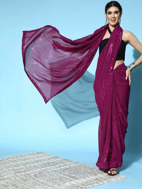 Women's Georgette Embellished Sequnece Bollywood Saree With Unstitched Blouse 5.5Mtr (Wine)