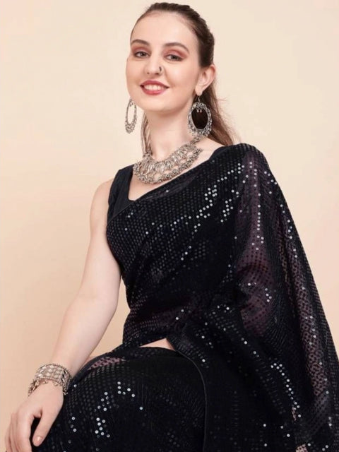 Women's Georgette Embellished Sequnece Bollywood Saree With Unstitched Blouse 5.5Mtr (Black)