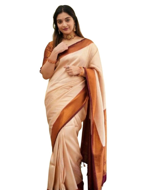 Women's Silk Printed Saree With Unstitched Blouse 5.5Mtr (Cream)