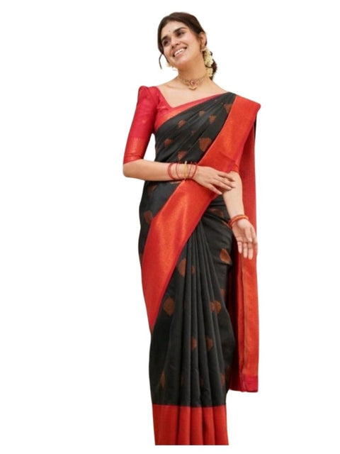 Women's Silk Printed Saree With Unstitched Blouse 5.5Mtr (Black)