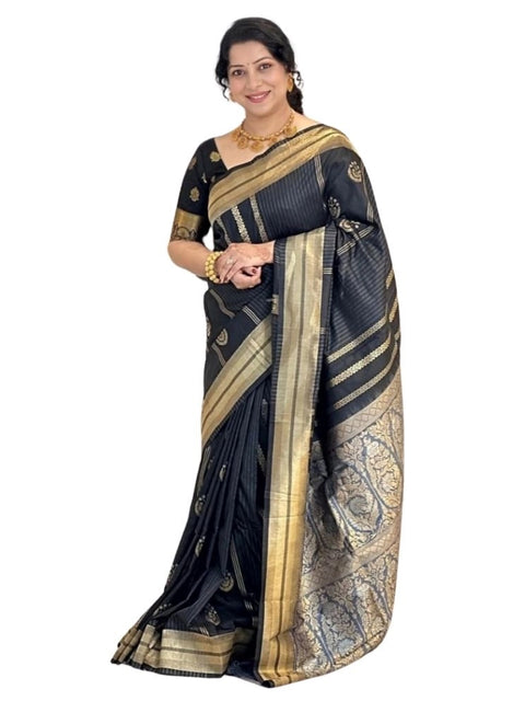 Women's Silk Printed Saree With Unstitched Blouse 5.5Mtr (Black)