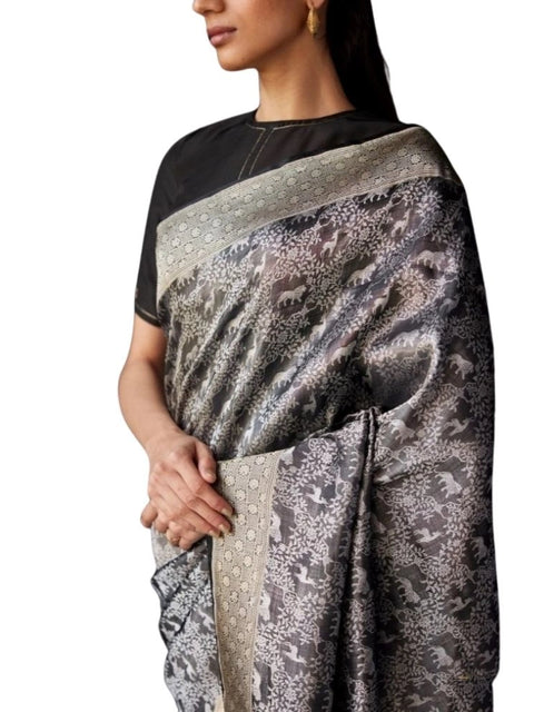Women's Silk Printed Saree With Unstitched Blouse 5.5Mtr (Grey)