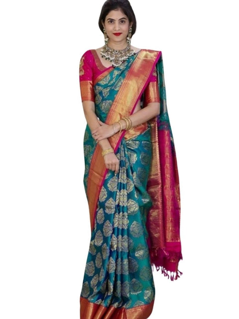 Women's Silk Printed Saree With Unstitched Blouse 5.5Mtr (Teal Blue)