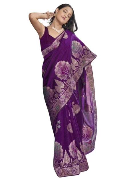 Women's Silk Printed Saree With Unstitched Blouse 5.5Mtr (Purple)
