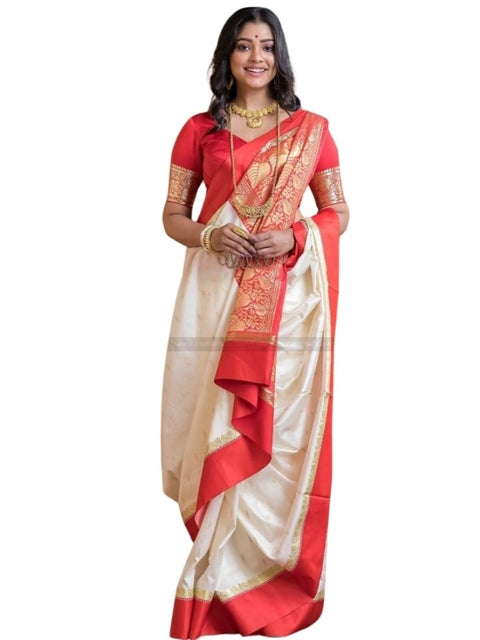 Women's Silk Printed Saree With Unstitched Blouse 5.5Mtr (White-Red)