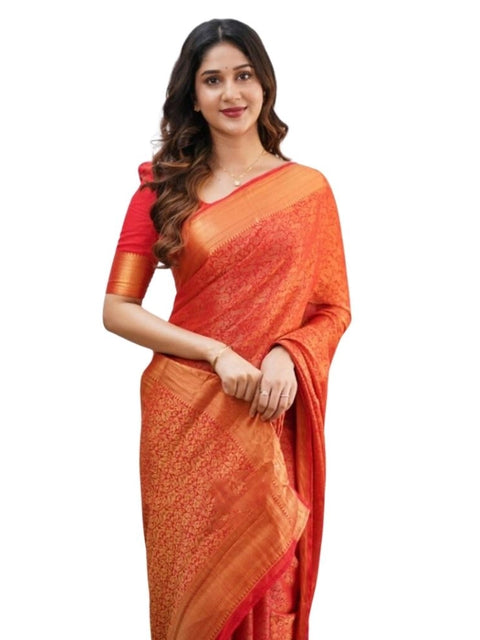 Women's Silk Printed Saree With Unstitched Blouse 5.5Mtr (Orange)