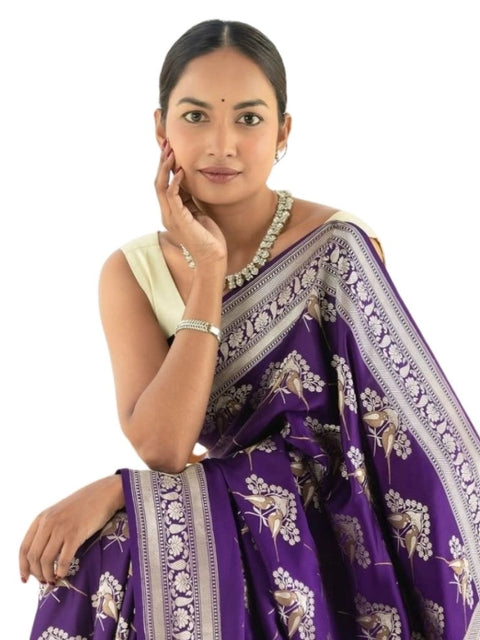 Women's Silk Printed Saree With Unstitched Blouse 5.5Mtr (Purple)