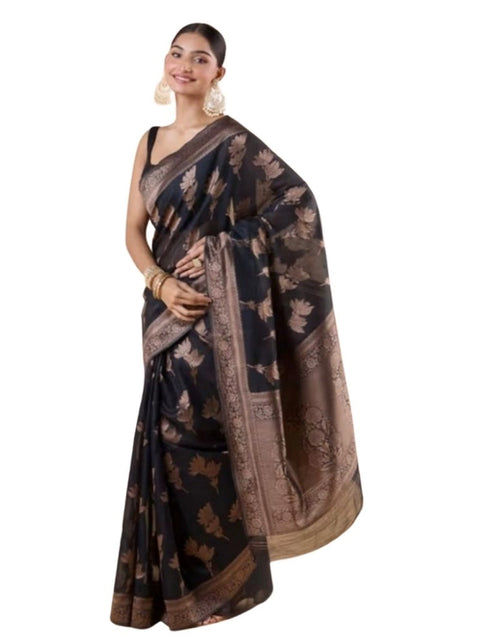Women's Silk Printed Saree With Unstitched Blouse 5.5Mtr (Black)