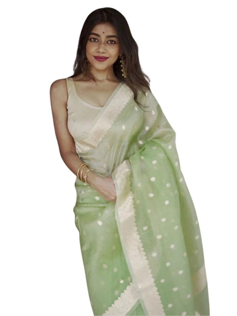 Women's Cotton  Printed Saree With Unstitched Blouse 5.5Mtr (Pista)