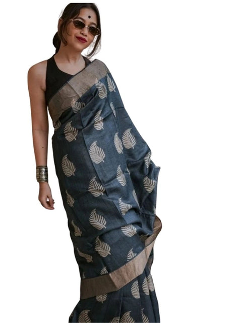 Women's Silk Printed Saree With Unstitched Blouse 5.5Mtr (Black)