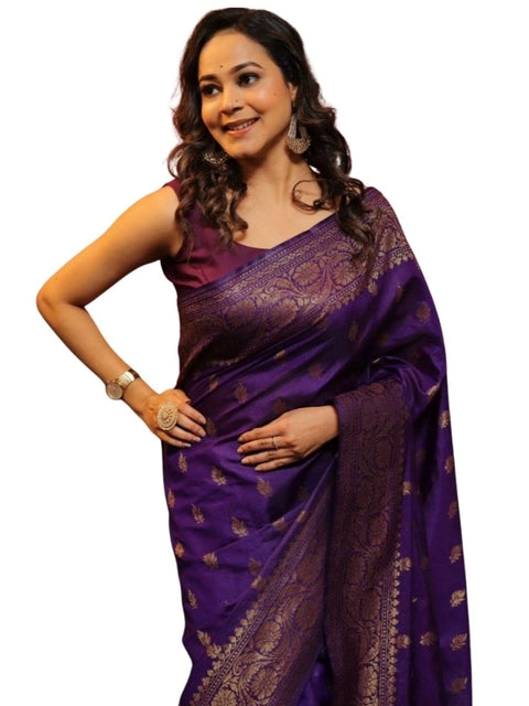 Women's Silk Printed Saree With Unstitched Blouse 5.5Mtr (Purple)