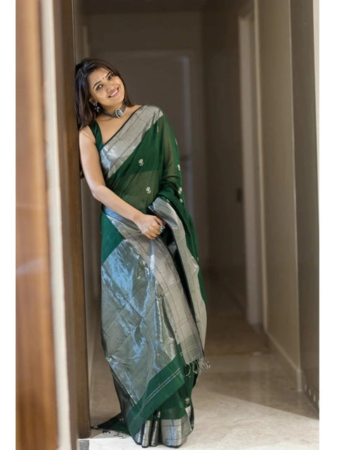 Women's Cotton  Printed Saree With Unstitched Blouse 5.5Mtr (Green)
