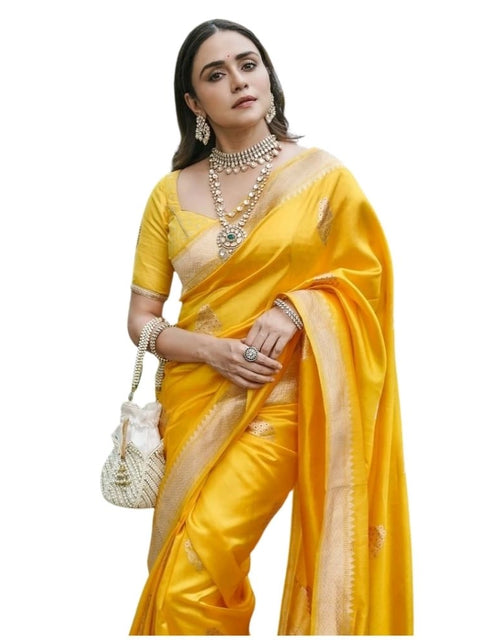 Women's Silk Printed Saree With Unstitched Blouse 5.5Mtr (Yellow)