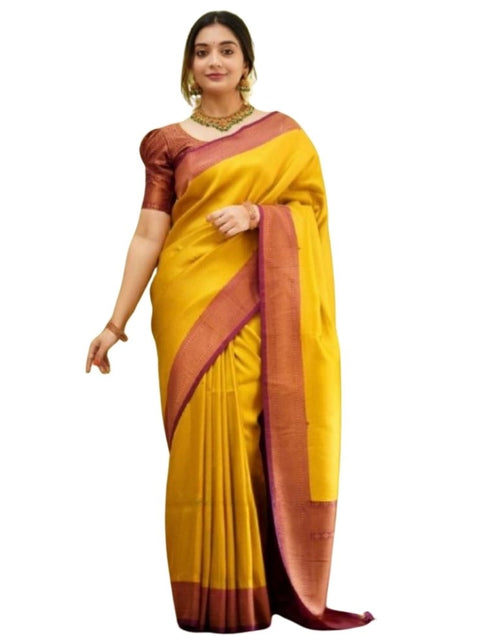 Women's Silk Printed Saree With Unstitched Blouse 5.5Mtr (Yellow)