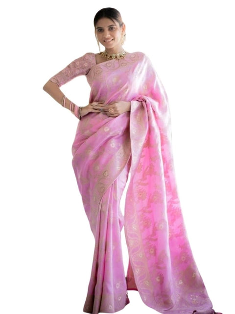 Women's Silk Printed Saree With Unstitched Blouse 5.5Mtr (Pink)