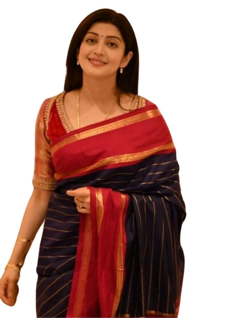 Women's Silk Printed Saree With Unstitched Blouse 5.5Mtr (Navy Blue)