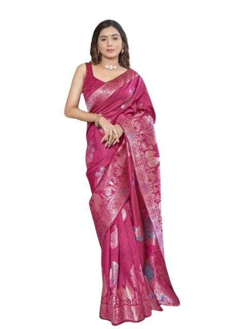 Women's Silk Printed Saree With Unstitched Blouse 5.5Mtr (Rani Pink)