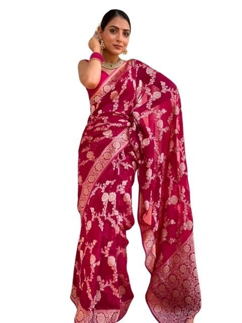 Women's Silk Printed Saree With Unstitched Blouse 5.5Mtr (Pink)