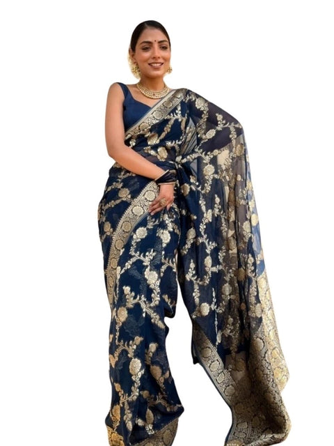 Women's Silk Printed Saree With Unstitched Blouse 5.5Mtr (Dark Blue)