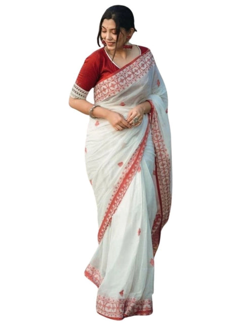 Women's Cotton  Printed Saree With Unstitched Blouse 5.5Mtr (White-Red)