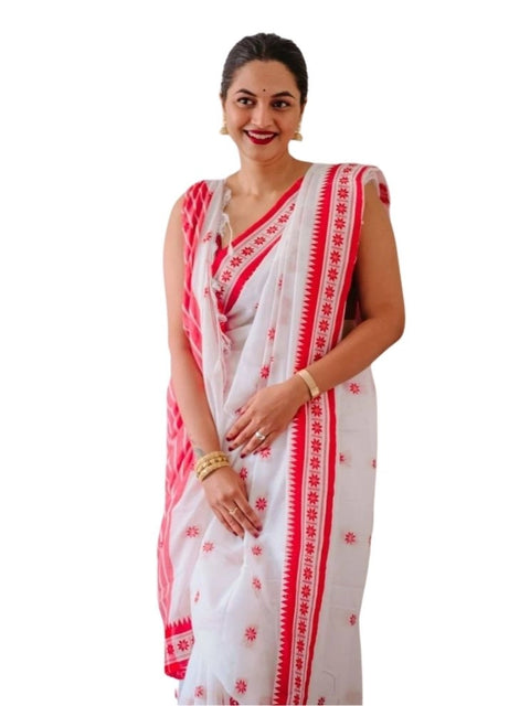 Women's Cotton  Printed Saree With Unstitched Blouse 5.5Mtr (White-Pink)