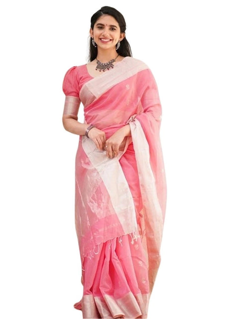 Women's Cotton  Printed Saree With Unstitched Blouse 5.5Mtr (Pink)