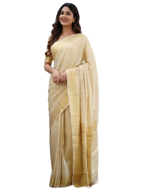 Women's Silk Printed Saree With Unstitched Blouse 5.5Mtr (Cream)