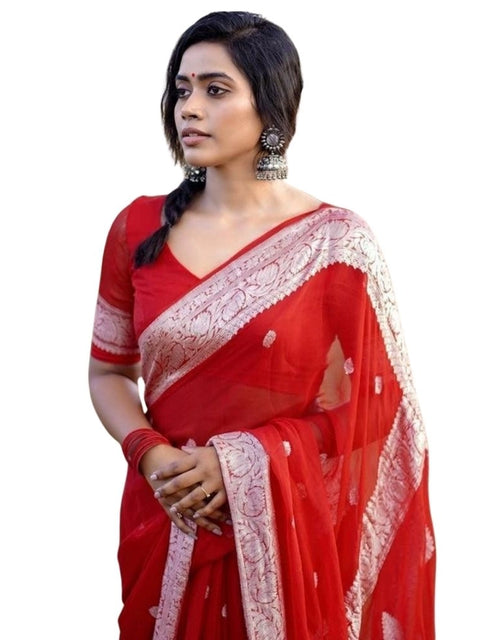 Women's Cotton  Printed Saree With Unstitched Blouse 5.5Mtr (Red)