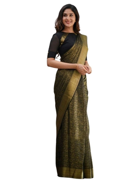 Women's Silk Printed Saree With Unstitched Blouse 5.5Mtr (Black)