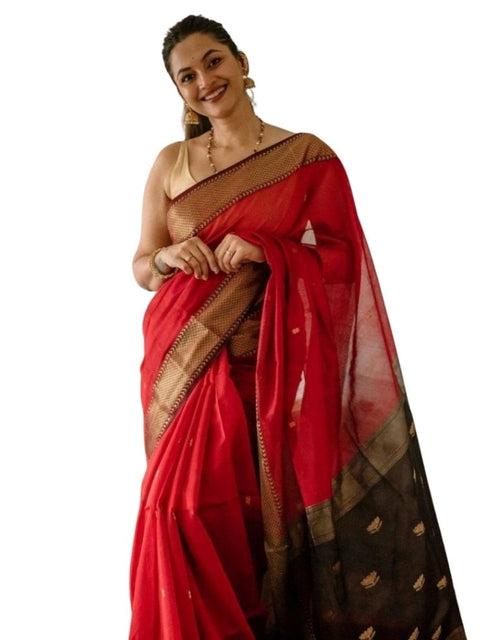 Women's Cotton  Printed Saree With Unstitched Blouse 5.5Mtr (Red)
