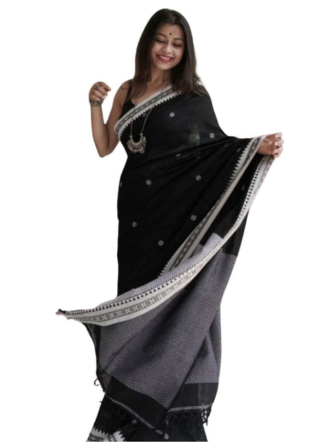 Women's Cotton  Printed Saree With Unstitched Blouse 5.5Mtr (Black)