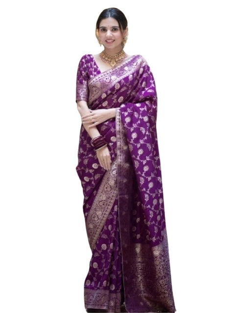 Women's Silk Printed Saree With Unstitched Blouse 5.5Mtr (Purple)