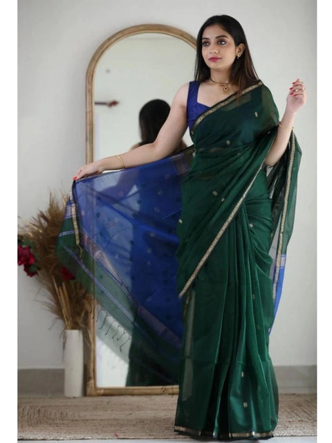 Women's Cotton  Printed Saree With Unstitched Blouse 5.5Mtr (Green)