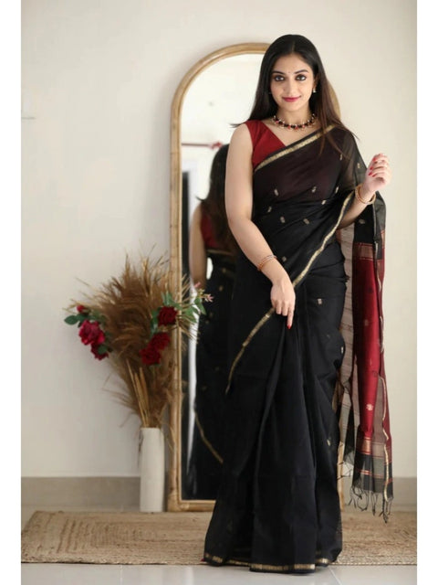 Women's Cotton  Printed Saree With Unstitched Blouse 5.5Mtr (Black)