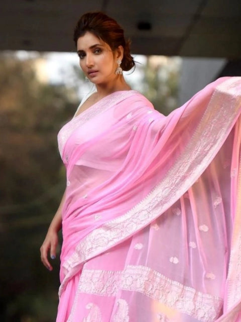 Women's Cotton  Printed Saree With Unstitched Blouse 5.5Mtr (Pink)