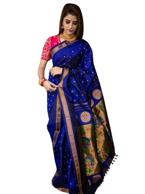 Women's Silk Printed Saree With Unstitched Blouse 5.5Mtr (Blue)
