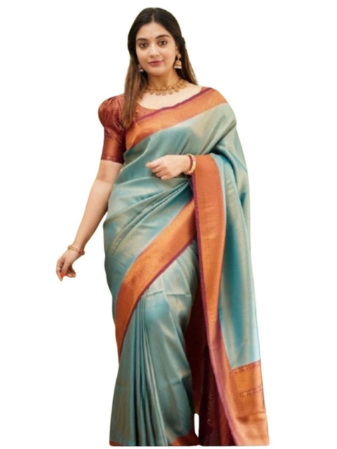 Women's Silk Printed Saree With Unstitched Blouse 5.5Mtr (Rama)