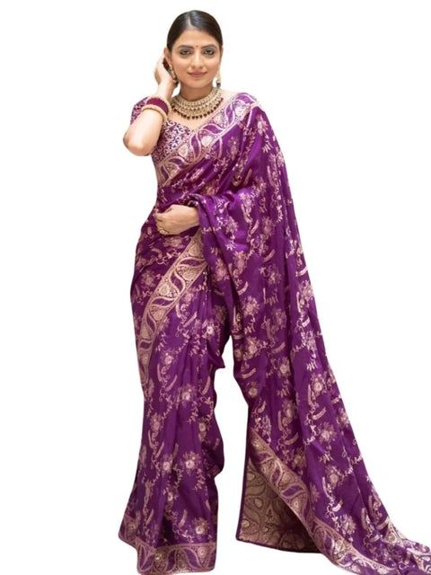 Women's Silk Printed Saree With Unstitched Blouse 5.5Mtr (Purple)
