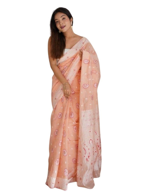 Women's Cotton  Printed Saree With Unstitched Blouse 5.5Mtr (Peach)