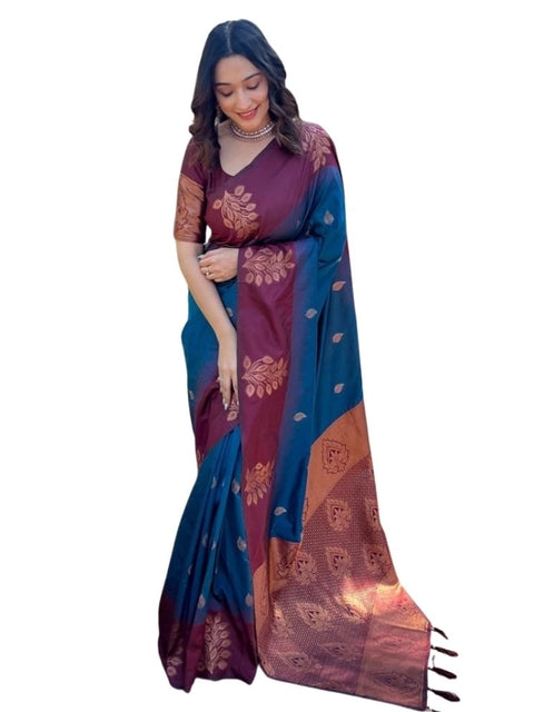 Women's Silk Printed Saree With Unstitched Blouse 5.5Mtr (Blue)