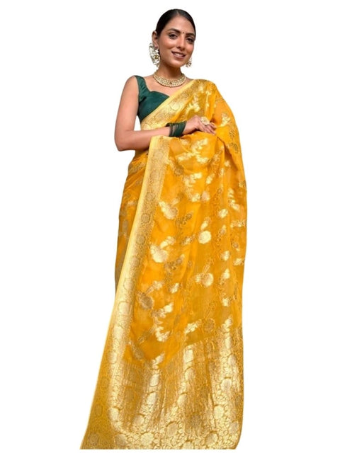 Women's Silk Printed Saree With Unstitched Blouse 5.5Mtr (Gold Yellow)
