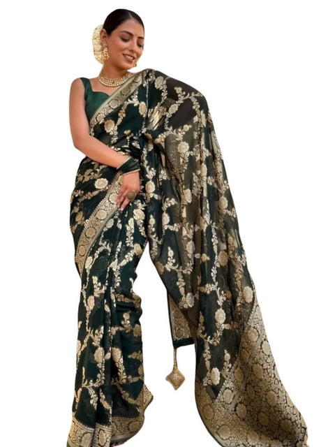 Women's Silk Printed Saree With Unstitched Blouse 5.5Mtr (Dark Green)