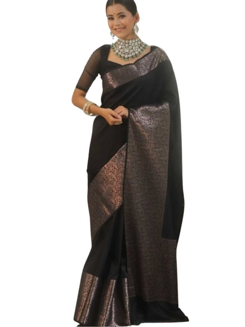 Women's Silk Printed Saree With Unstitched Blouse 5.5Mtr (Black)