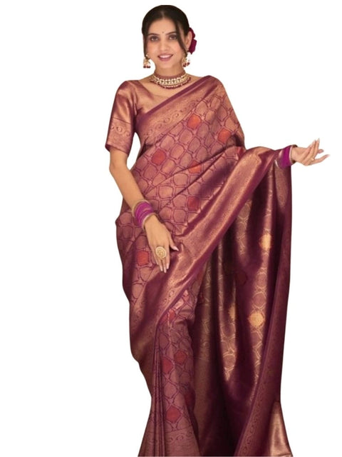 Women's Silk Printed Saree With Unstitched Blouse 5.5Mtr (Wine)