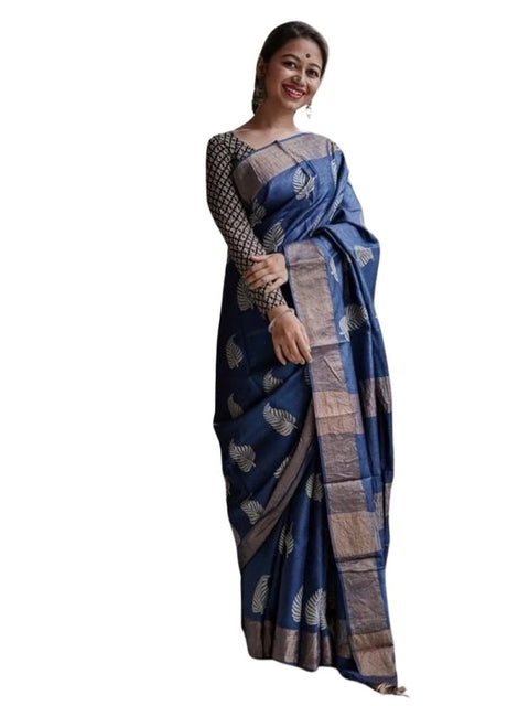 Women's Silk Printed Saree With Unstitched Blouse 5.5Mtr (Navy Blue)