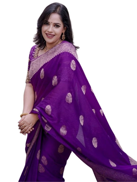 Women's Silk Printed Saree With Unstitched Blouse 5.5Mtr (Purple)